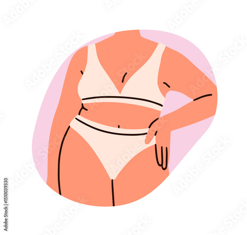 Lingerie, bra, panties on plus-size female figure, shape. Body-positive woman posing with hand on hip, wearing underwear, underclothing, bikini. Flat vector illustration isolated on white background