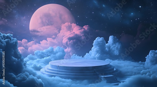 A floating dais in a surreal dreamscape with clouds and stars