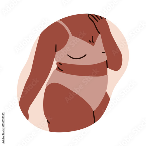 Female in lingerie. Black woman with plus-size fat figure wearing bra and panties, underwear. Body-positive girl in underclothing, underpants. Flat vector illustration isolated on white background.