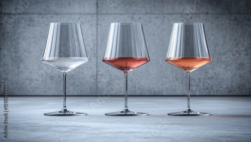 Against a pristine white backdrop, elegant wine glasses in various shades of red, white, and rose are showcased, ideal for wine aficionados and social gatherings