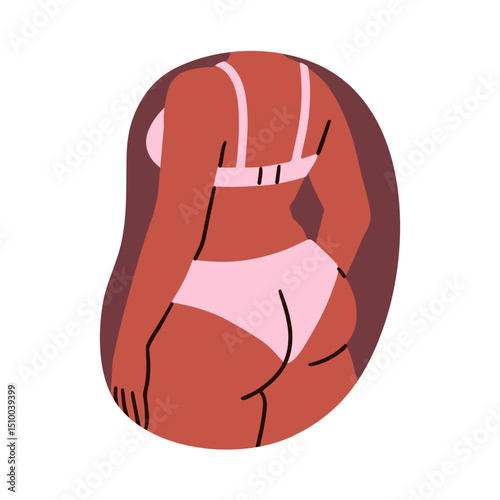 Female body in lingerie from behind, back view. Plus-size woman with curvy figure, wearing underwear, bra and panties on buttocks, hips. Flat vector illustration isolated on white background.