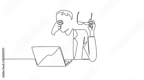Self drawing animation of continuous one line drawing businessman sits while taking off glasses and rubbing his eyes. Programmer who feels tired. Chronic Fatigue Syndrome Day. Full length animated