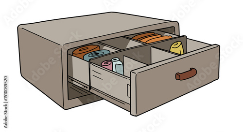 organizational drawer with neatly arranged items in a minimalist style on a white background