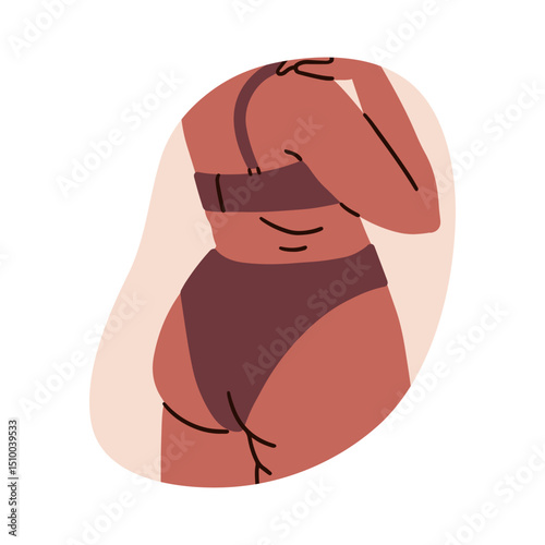 Body-positive female from behind, back view. Plus-size black woman in lingerie with bra and panties, curvy figure, buttocks, hips, natural shape. Flat vector illustration isolated on white background.