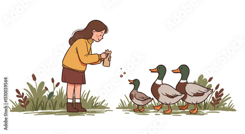 Girl feeding ducks with bread crumbs in a grassy area on a white background