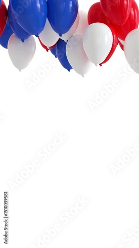 des ballons d'hélium bleus, blancs et rouges s'élevant et se bloquant au plafond - rendu 3D
