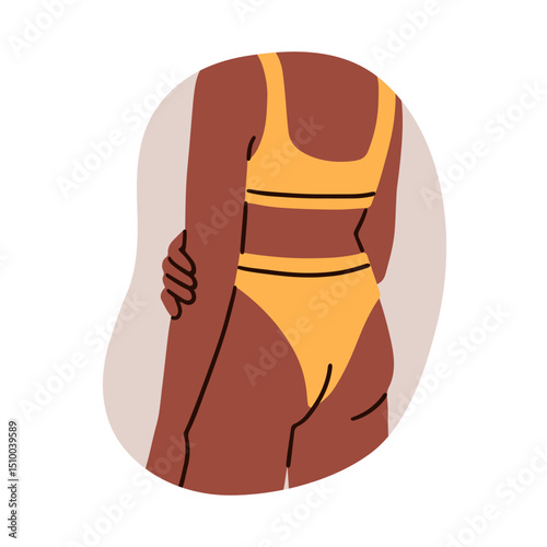 Woman in bikini from behind, back view. African-American female body wearing lingerie, bra and panties on buttocks. Underwear, underclothing. Flat vector illustration isolated on white background.
