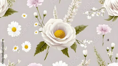 Elegant White Rose and Daisy Floral Seamless Pattern