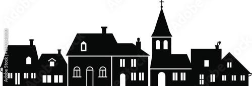Black silhouette of a european village with church and various house styles on white background