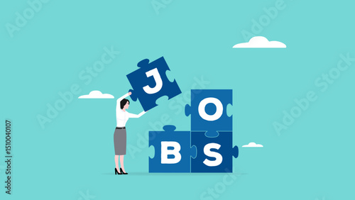 job or project completion with the concept of smart businesswoman completes the puzzle with the word jobs vector illustration with flat design style