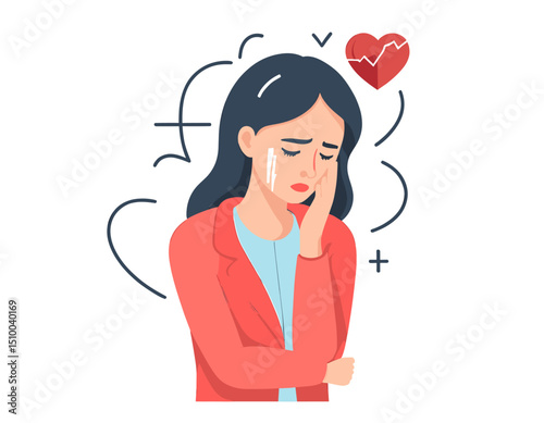 Sad Woman with Heartbreak Expression in Red Jacket and Blue Shirt on White Background with Heart and Scribbles