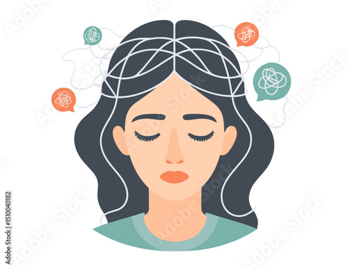 Woman Meditating with Tangled Thoughts and Speech Bubbles Depicting Mental Health and Mindfulness Concepts