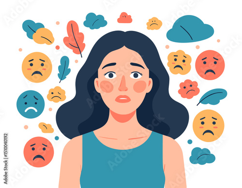 Woman with Various Emotions Surrounded by Colorful Expression Icons Depicting Different Moods and Feelings