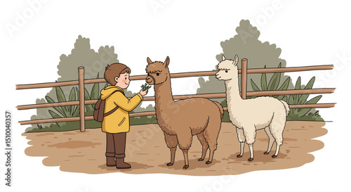 Child interacting with two llamas at a petting zoo, feeding them with a treat in a playful setting