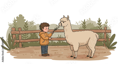 Child feeding a llama with a stick while standing in a petting zoo surrounded by nature
