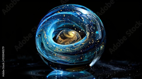 Captivating universe captured within a glass orb featuring swirling colors and stellar sparkle
