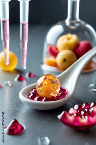 Molecular Gastronomy Still Life with Caviar, Fruits and Test Tubes