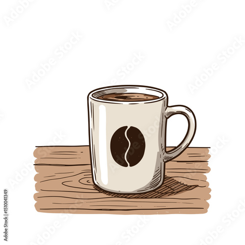 Cup of coffee on a wooden table with a coffee bean design on a white background
