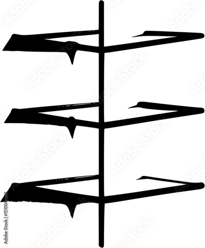 A black ink drawing of a threetiered shelf with a central vertical post minimalist and stylized