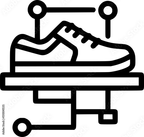 A blackandwhite outline shows a shoe on a platform connected by lines to circular elements resembling a hightech display
