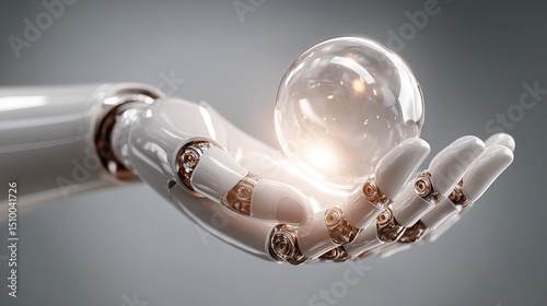 Futuristic Robotic Hand Holding Glowing Sphere with Cybernetic Structure and Clean Tech Background