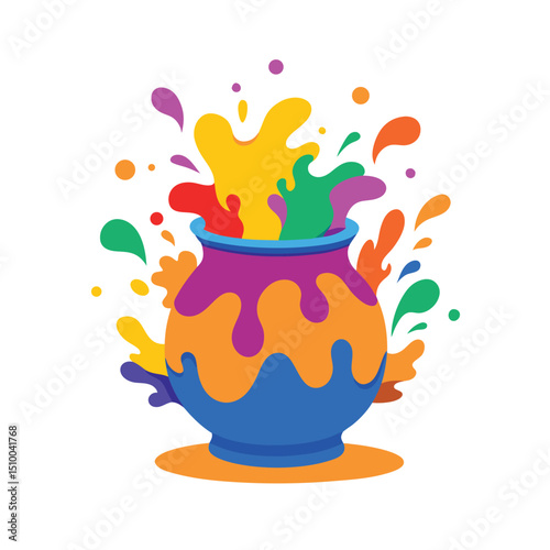 Colorful indian holi festival celebration with vibrant potted color splashes on white background