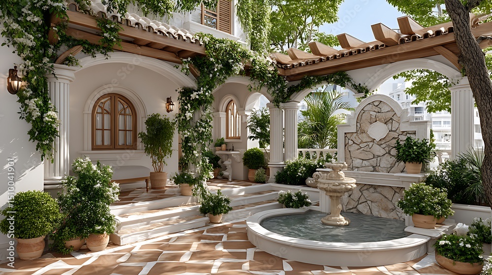 Naklejka premium Elegant greek courtyard with marble columns and fountain high resolution picture
