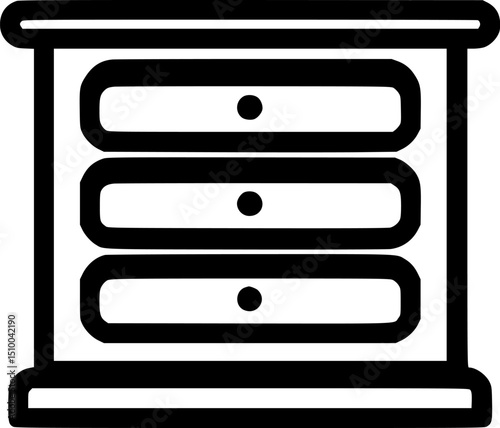 Black and white line art depicts a threedrawer dresser