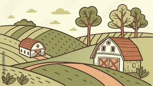 Hilly Farmland with Patchwork Fields – Rural Agricultural Landscape Vector