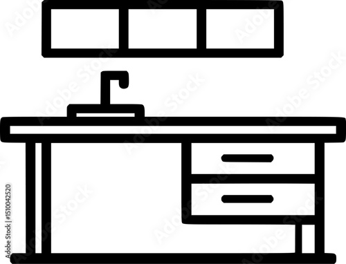 Kitchen sink with cabinets and drawers stylized black outline