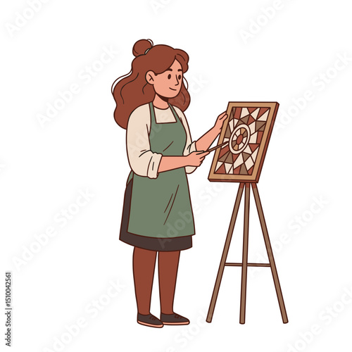 Woman creating a mosaic artwork on an easel in an artistic setting on a white background
