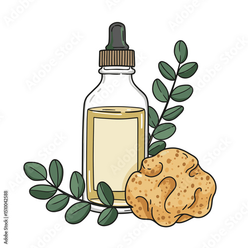 Essential oil bottle with a herbal ingredient and leaves on a white background