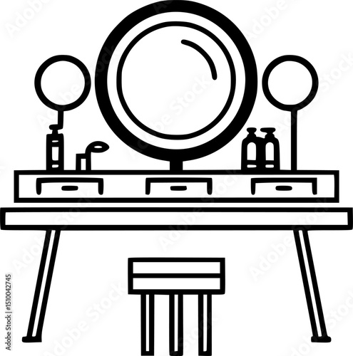 Vanity table with mirror bottles stool drawers and two circular magnifying mirrors