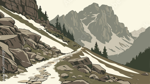 Mountain Pass with Blue Sky – Clear Alpine Landscape Vector