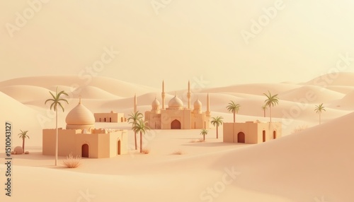 Tan Desert Village Oasis with Palm Trees and Dome