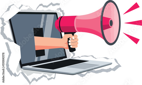 Digital Uprising Collage Hand Thrusting Megaphone from Shattered Laptop Screen with Torn Paper Edge – Social Media Propaganda Art for Online Protests & Viral Marketing, Isolated 