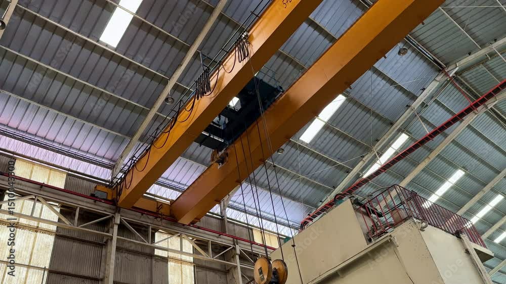 Slow moving overhead crane in the industry. Orange overhead crane ...