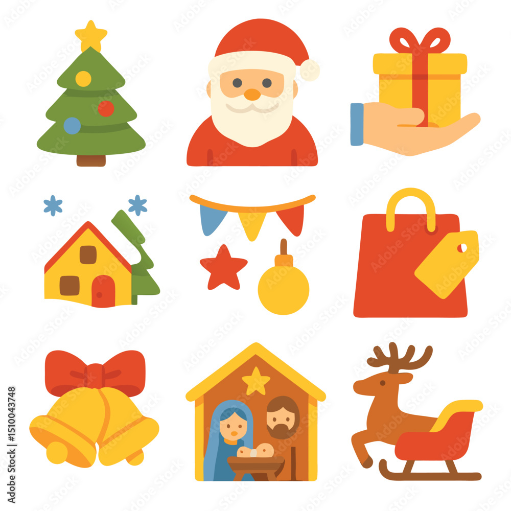 Fototapeta premium Christmas Icon Set – Flat Vector Collection of Festive Holiday Symbols