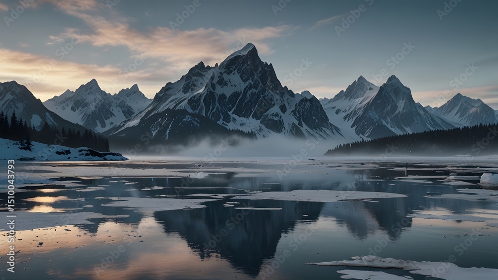 Obraz premium Serene Mountain Lake at Dawn Winter Landscape Snow capped Peaks Reflection