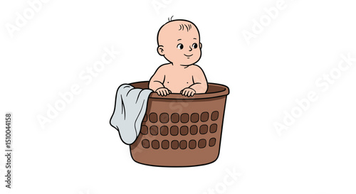 Baby sitting happily in a laundry basket with a towel on a white background