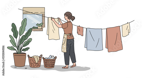 Woman hanging laundry to dry near a window and potted plant on a white background
