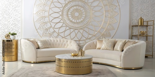Lippan art mandala behind a floating wooden sideboard and white modern accent chairs in a high-ceilinged living space”