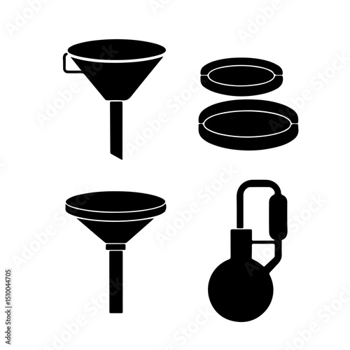 Assorted Laboratory Glassware Icons Set. A collection of clean, black and white line art icons featuring essential laboratory glassware: a glass funnel, Petri dish, separating funnel, and distillation