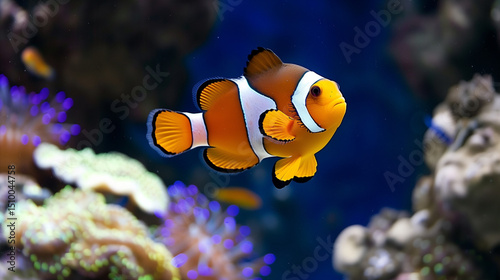 Aquarium fish Guppy swim among algae and stones, corrals and underwater plants in an aquarium 
﻿