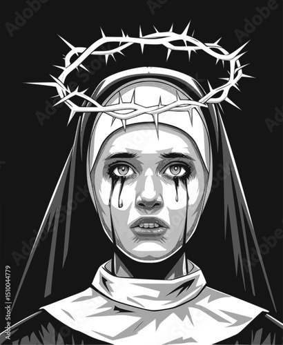 Crying Nun with Crown of Thorns for Jesus Christ – Emotional Religious Vector Portrait, Devotional Catholic Icon, Sorrowful Woman Illustration, Minimalist Black and White Design, Luke 23:27-28