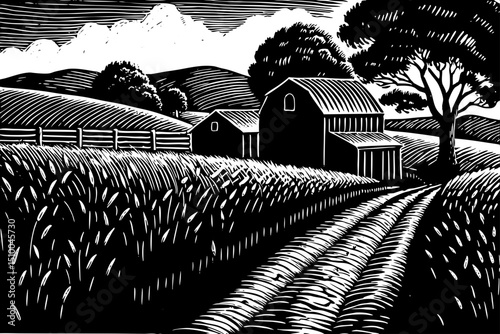 A path to a farm landscape hand drawing black and white sketch outline