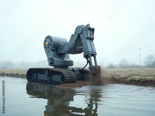 Industrial Robot Dredging in a Canal, Efficiently Clearing Silt for Cargo Transit, Minimalist Background, Clean Environment, Emphasizing Functionality and Space