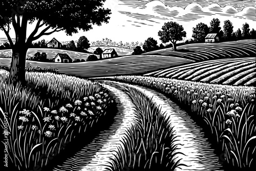 A path to a farm landscape hand drawing black and white sketch outline