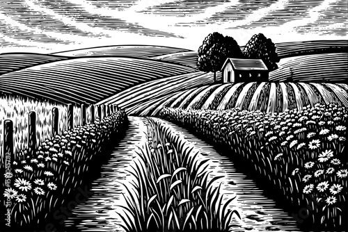 A path to a farm landscape hand drawing black and white sketch outline