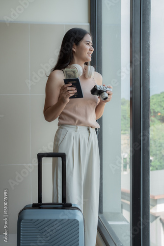 Young woman tourist holding United States passport, dollars and camera looking out window while waiting to start her trip, excited about her next adventure